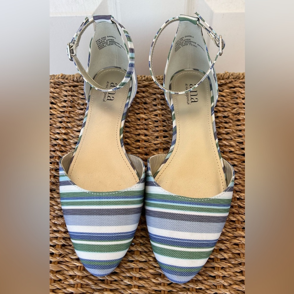 a.n.a. Brand Women’s Darell Blue Stripe Ankle Strap Flat Size‎ 6.5